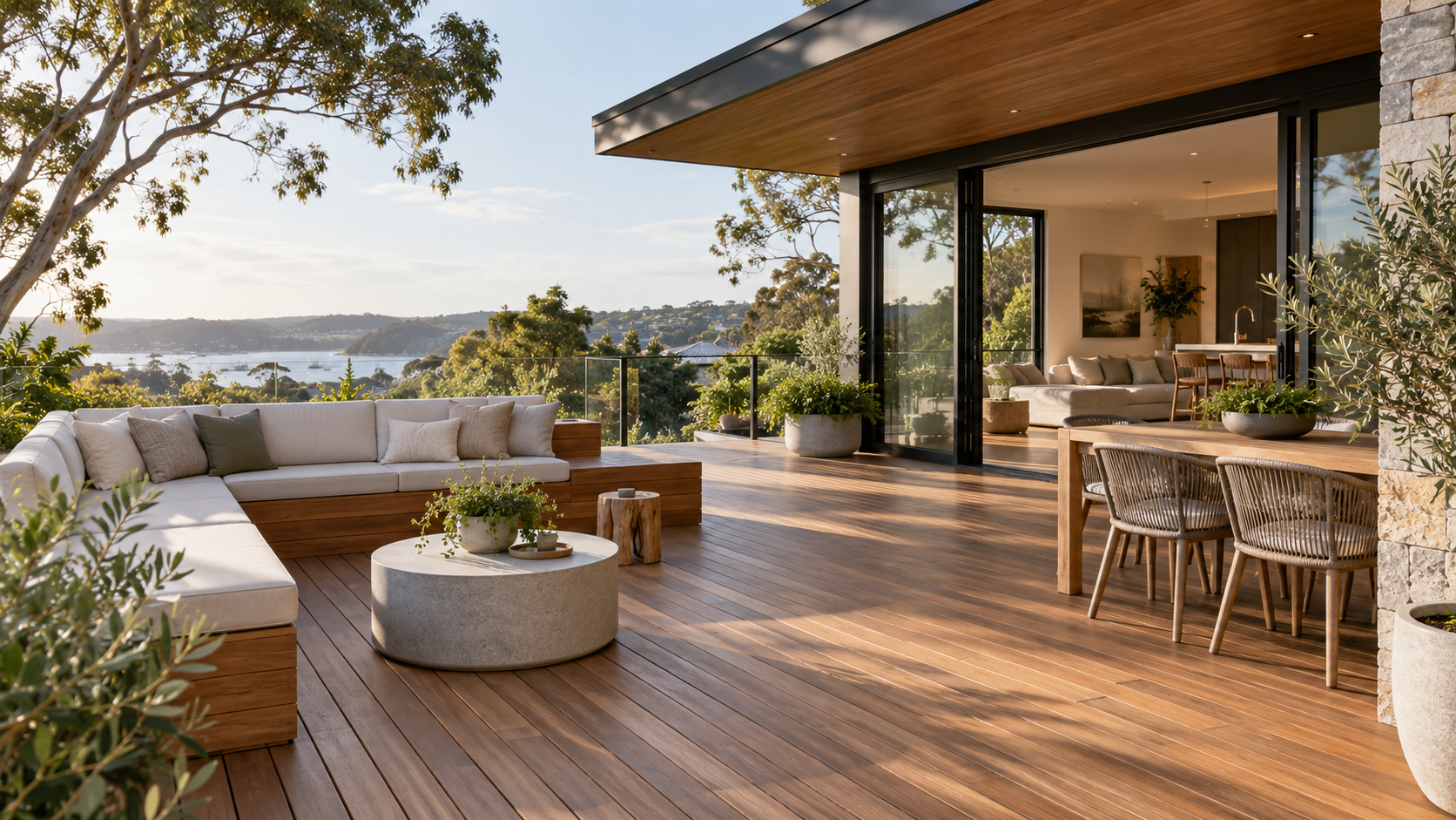 Finished timber deck with outdoor lounge and dining